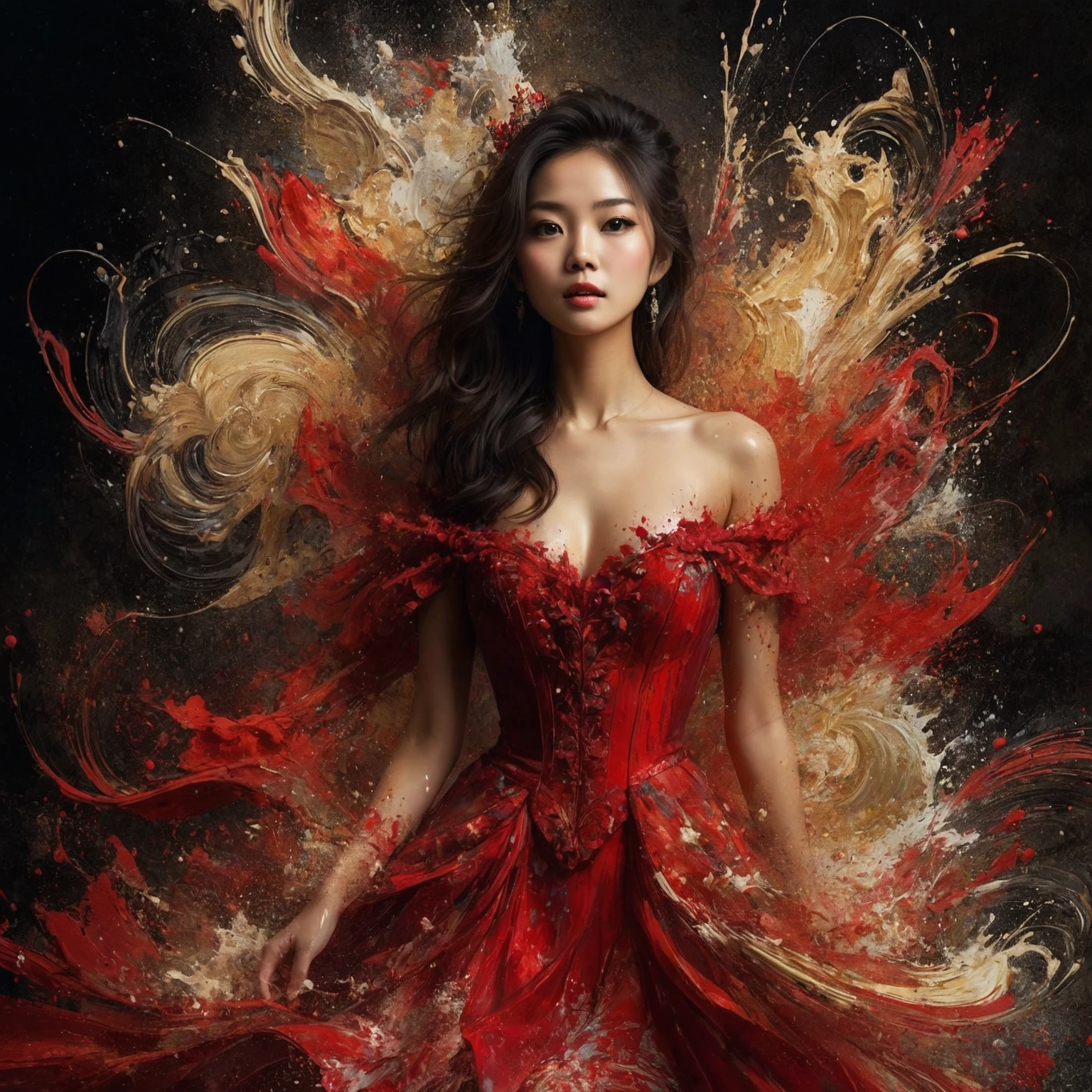 Full body shot of an painting of beautiful asian woman in red princess dress with abstract painting splash, best dynamic pose, gaze at the camera, dark background. Artist:{ramdomly selected}. Amazing painting splash distorted, Stunningly beautiful painting, stunning abstract background, Shot on Sony Alpha α7CR full-frame, photorealistic, realistic human, UHD 1536px, high quality photos.