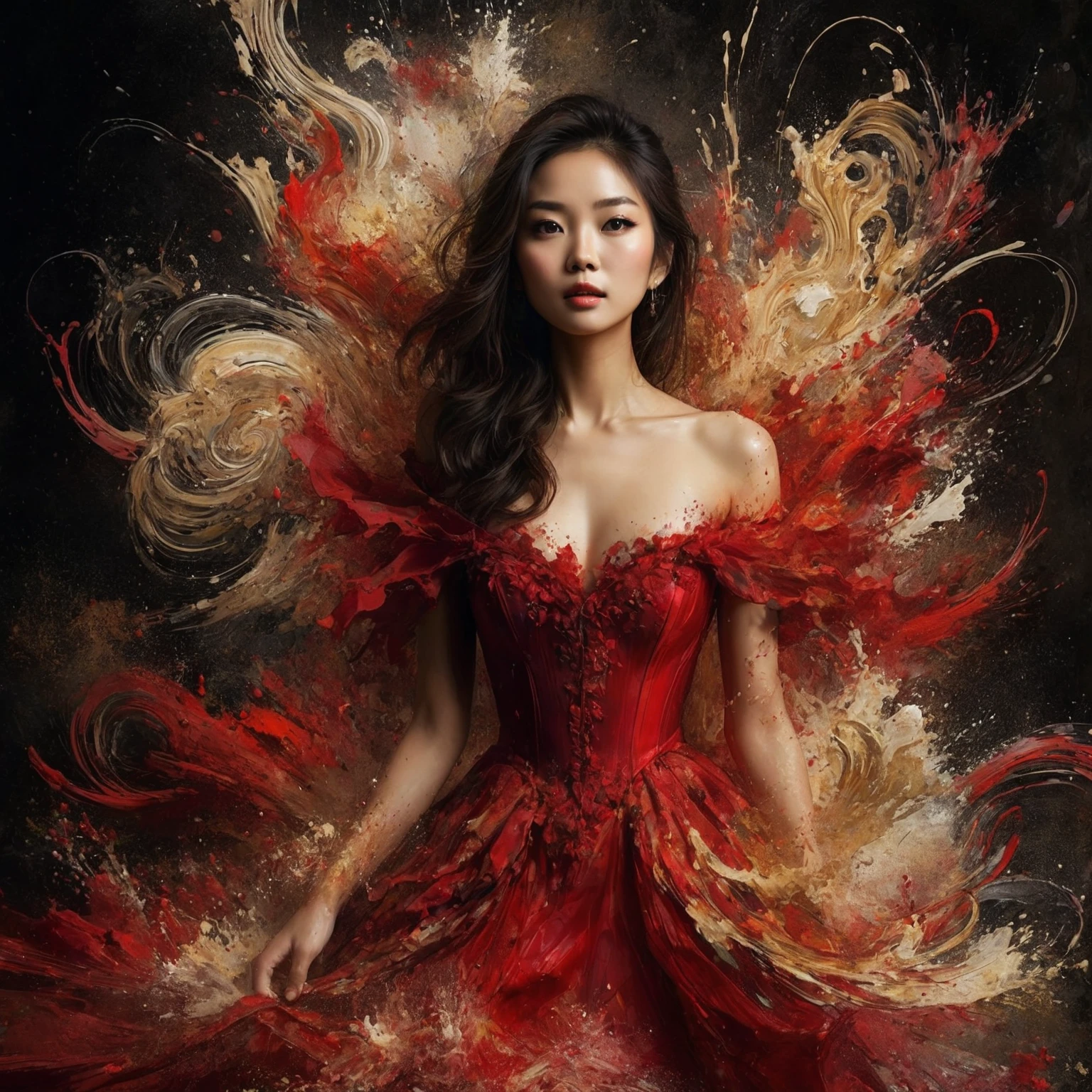 Full body shot of an painting of beautiful asian woman in red princess dress with abstract painting splash, best dynamic pose, gaze at the camera, dark background. Artist:{ramdomly selected}. Amazing painting splash distorted, Stunningly beautiful painting, stunning abstract background, Shot on Sony Alpha α7CR full-frame, photorealistic, realistic human, UHD 1536px, high quality photos.