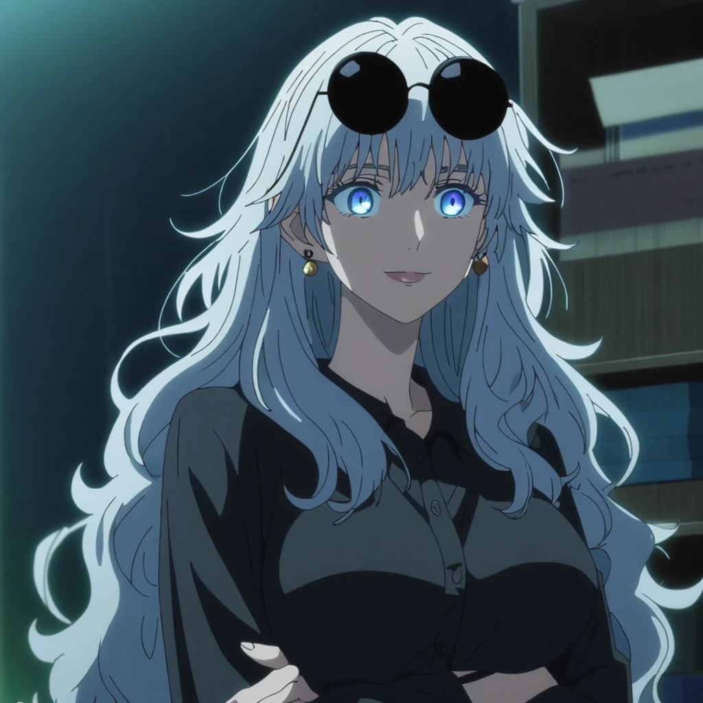 1girl, female gojo satoru, anime screencap from jujutsu kaisen, gojo satoru female version, solo, long_hair, ((Blue eyes)) ((Silver_hair)), night view, (hanging breasts) upper_body, smile, indoors, book, blue_eyes, lips, smiling, (messy hair) ((wearing black colour outfit with button)) breast, "very detailed and high resolution" (Blue universal eyes) (cross arms)  ((wavy hair and messy hair)) ((solo)) (front view) (earings) ((high resolution)) ((good quality)) ((long hair)) ((silver hair)) ((wearing round sunglasses on the head))