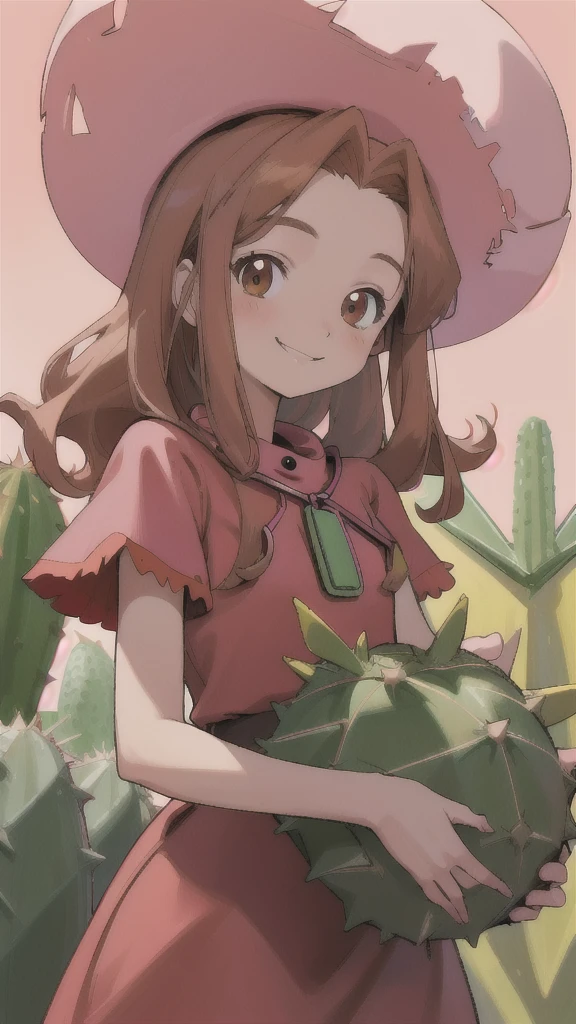 Best quality, masterpiece, high resolution, details, , digimon, mimidigi, outdoors, parted bangs, red dress, cowboy western, cheerful, parted bangs, long hair, brown hair, pink hat, curly hair, desert, cactus, small breasts, smiling, cactus background