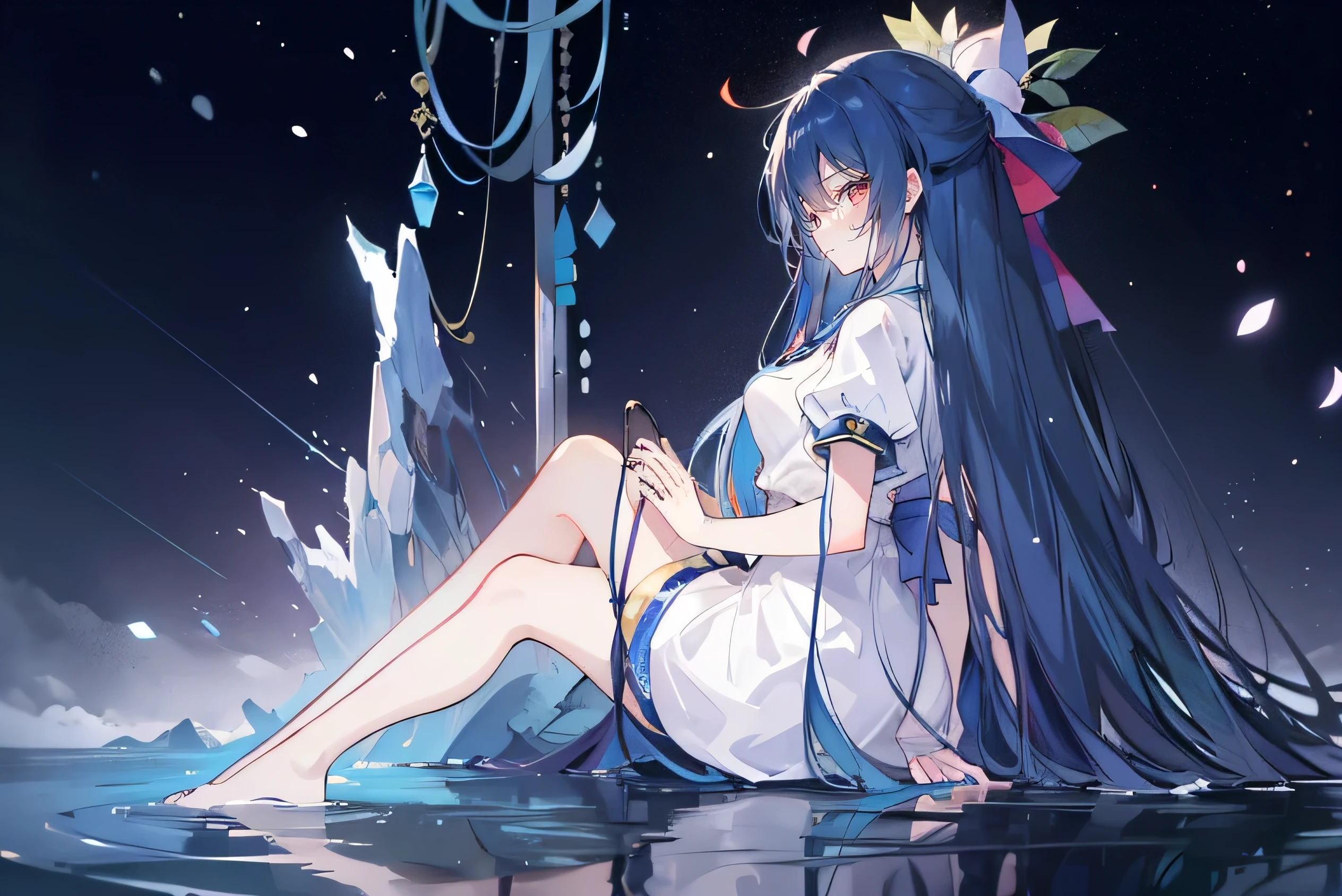 (masterpiece:1.2),Super detailed,lifelike,Expressive eyes,fair skin,perfect face shape,1 girl,
Japanese comics,Gorgeous blue hair,flowing blue hair,flowing clothes,Petals fall,beautiful lola,Baby Angel,
Shaking head with one hand,Cross your legs,Gentle and peaceful background,The pavilion is cool and comfortable,smile, wearing hoodie, background of tokyo,back views,snowing, winter,lie on the water. dark blue gradient hair,asymmetrical hair,((Hair is very thick 1.8,Chiseled hair 1.6)), Hair over the shoulders, Messy hair, Very long hair, shiny hair,(long dark blue hair:1.2),A beautiful girl,(Transparent clothes transparent 1.8),Perfect body,Big thin legs,slender,(Looks very sad,Looks haggard ,sadness,shut your mouth:1.2) Against the backdrop of an unusually bright dark starry sky,(Put your hands behind your back),(round,Room, Strong breasts),barefoot,float,water surface,(long legs,long legs,long legs,Complete)