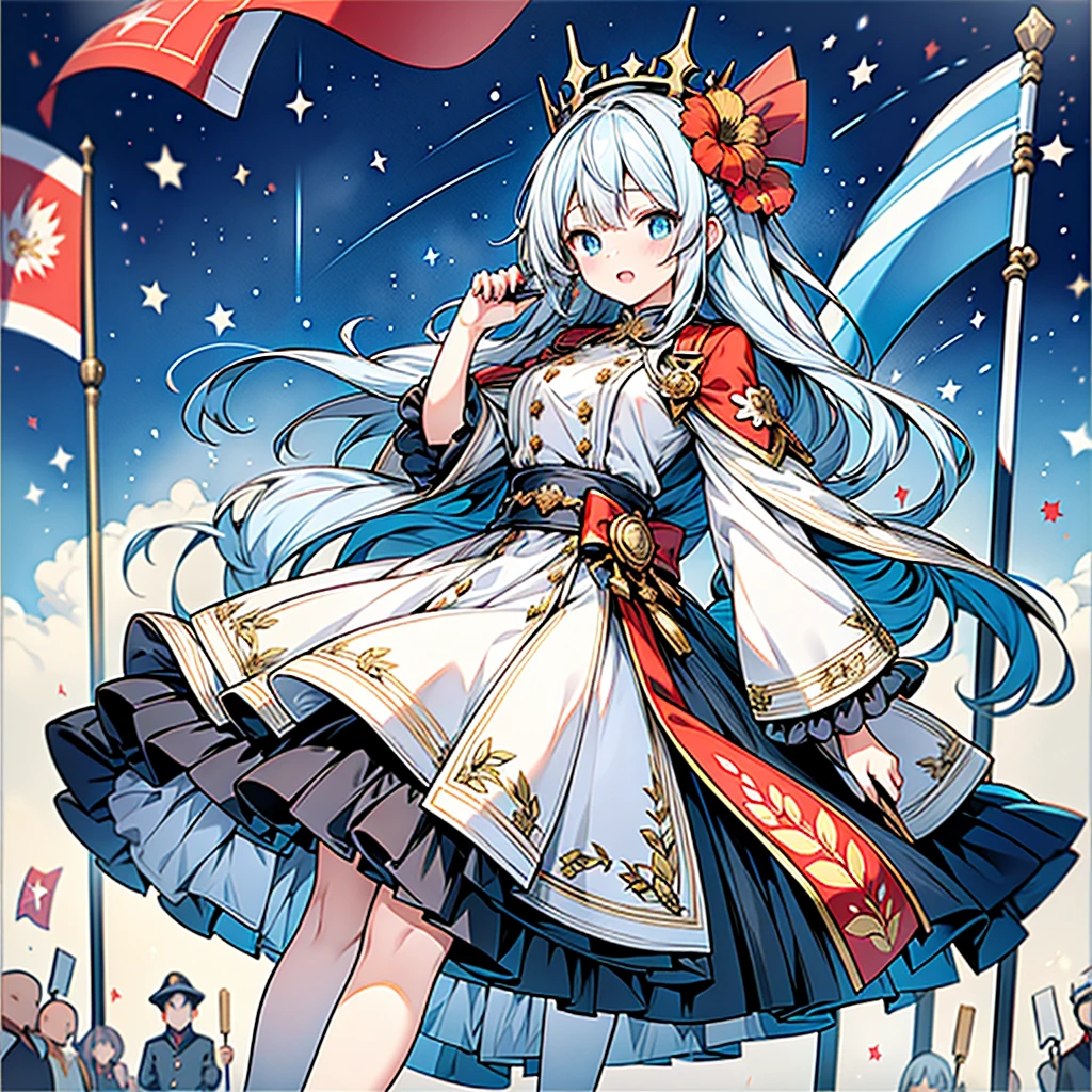 One girl、Absurd、The notes are arranged in a circle、Dynamic configuration、marching band、(((masterpiece、Highest quality、Official Art、Very detailed、Handsome face、Dynamic configuration)))、Anime Style、(Milky white and blue hair:1.3),(blue eyes:1.4),(Bright colors:1.4), marching bandのユニフォーム, marching bandの帽子、mini skirt, Frills, Two hands holding a black and white gold embroidered flag,（background:Large red flag and gold flower embroidery on the back, Note, )、Giant Flag、旗をbackgroundにかっこいい構図、marching band、marching bandユニフォーム、
