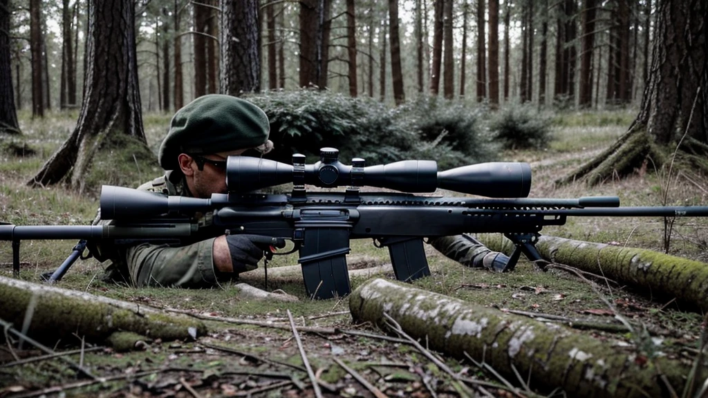 In the woods.One man soldier.Has a sniper rifle.Sniper looking through rifle scope.Prone and firing.scared.There's smoke in the distance.The time is evening