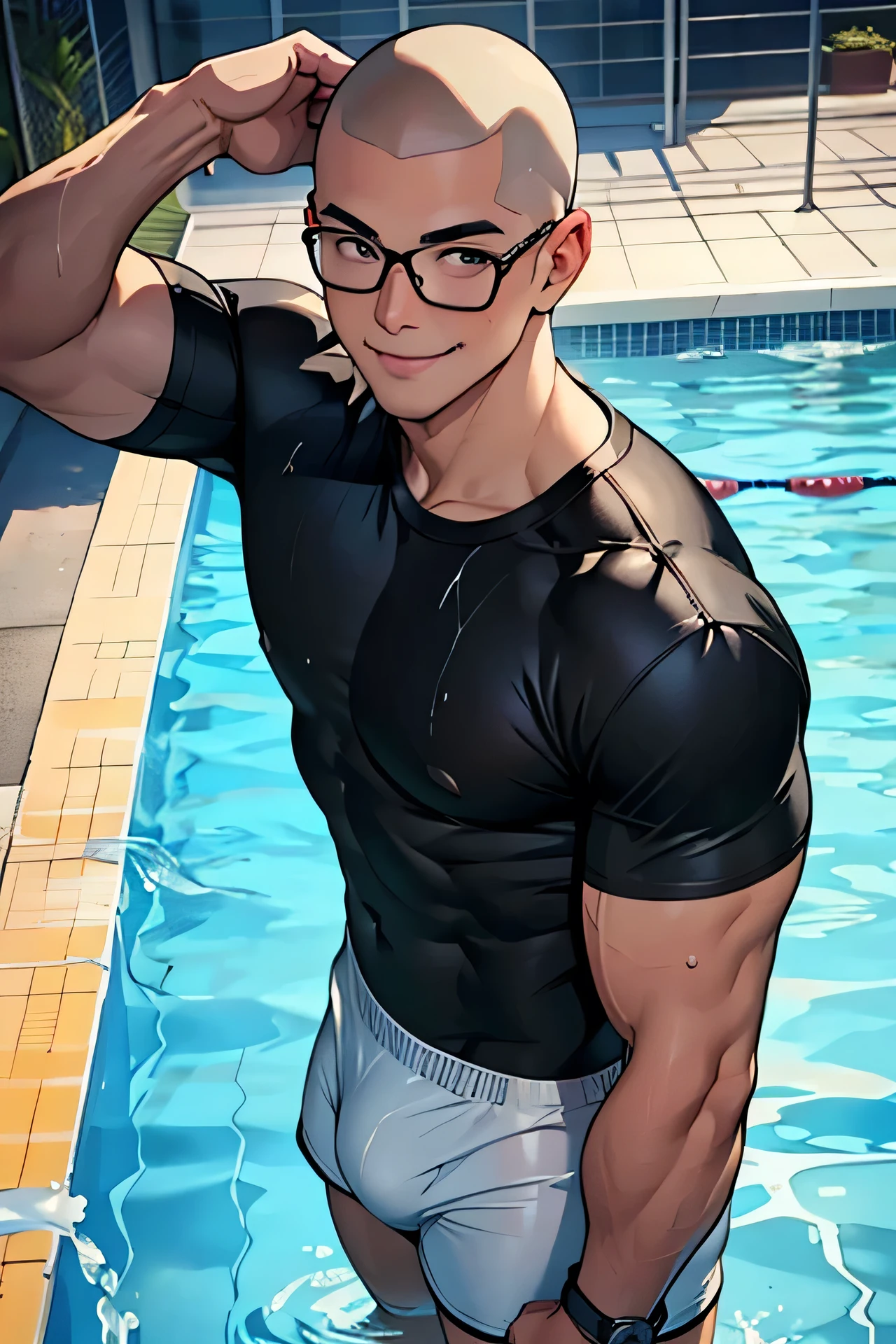 Handsome skinhead swimmer Asian Male Handsome Model adult Shaved head Handsome Smile Baby-faced and cute Full body portraitBlack t-shirt on the upper body soaked Full body portrait Swimming Pool Black t-shirt on the upper body The lower half of the body is white speedo type swimwear. Bulge Looking up from the feet barefoot Handsome Smile Baby-faced and cute Wear glasses