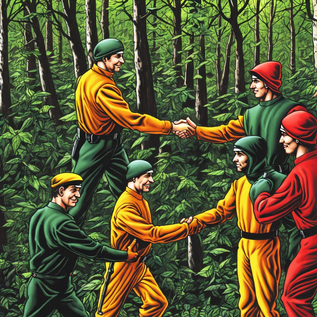 Two white males, wearing 1994 american military uniforms, shaking hands, wearing balaclavas, in a forest, beautiful background 