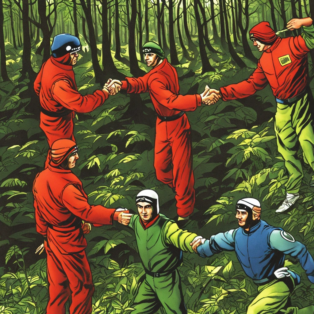 Two white males, wearing 1994 american military uniforms, shaking hands, wearing balaclavas, in a forest, beautiful background 