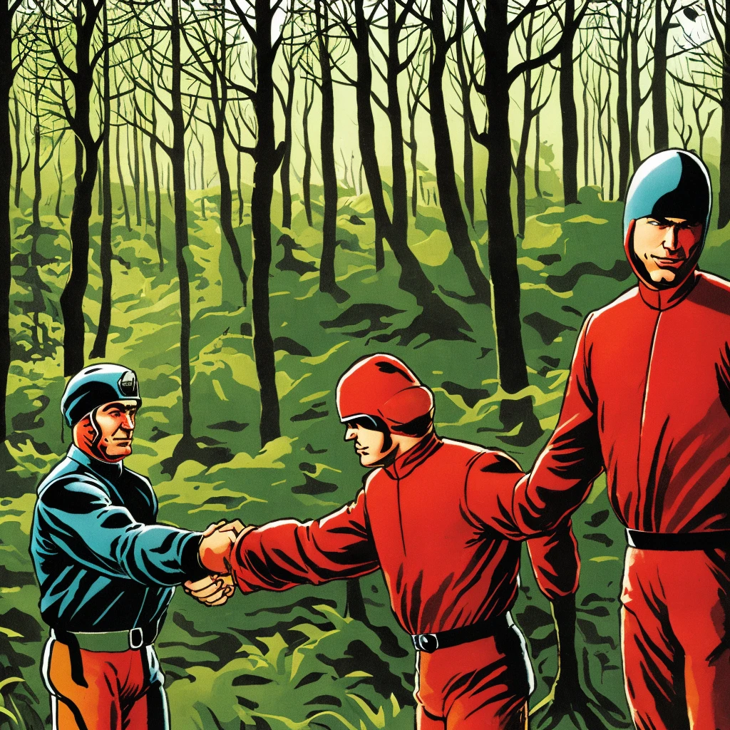 Two white males, wearing 1994 american military uniforms, shaking hands, wearing balaclavas, in a forest, beautiful background 