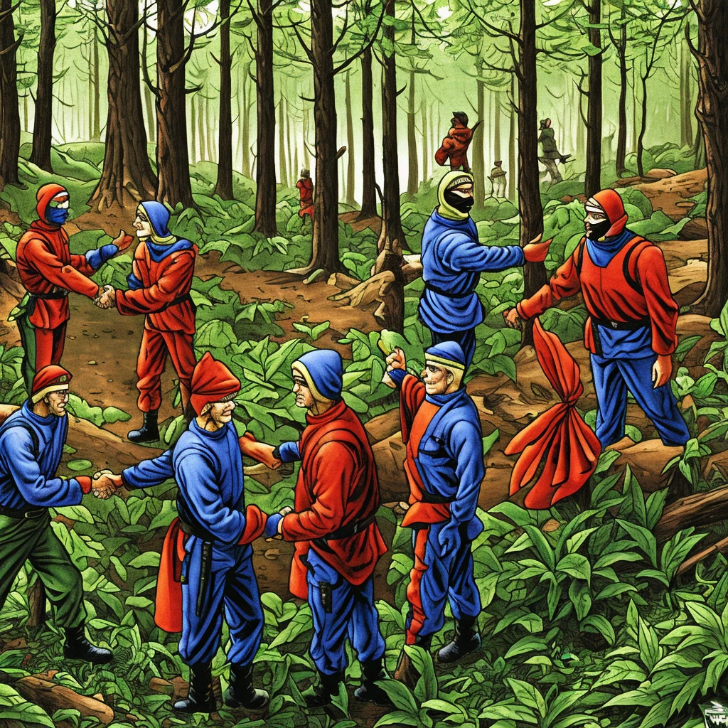 Two white males, wearing 1994 american military uniforms, shaking hands, wearing balaclavas, in a forest, beautiful background 