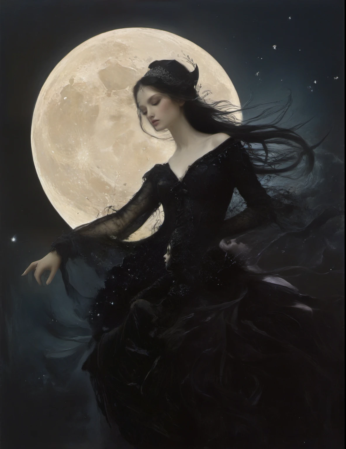 James Gurney, Surrealist art , dream-like, mysterious, Provocative, symbolic, Complex, detailed,, (Gothic but very beautiful:1.4), (masterpiece, Highest quality:1.4) , Nicola Samori Style, Moon-kissed Siren