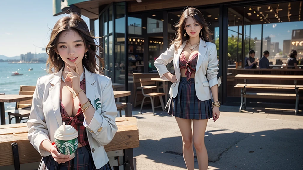 8K、RAW Photos、Highest quality、Super detailed、Super Resolution、Ultra HD、8K壁紙、Amazing details blazer uniform girl ((White blouse with formal collar, Blue Blazer, 
Red Check Skirt, Red checkered ribbon on blouse)), Complete limbs, Full Finger, 
(((((Starbucks)))))、((((Cafe bench with sea view))))(( female student))、( cake、Drink coffee、smile)))))、(((Heart Necklace、Gold bracelet)))
(((Emphasize cleavage)))

((((Full body photo、The whole body is visible、Full body portrait))))
