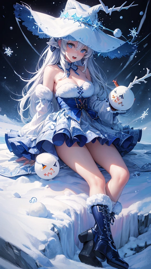 (masterpiece, highest quality, ultra high res, ultra detailed:1.3), 1 snowman, blue hat, the hat shaped like two zigzag horns, blue boots, open mouth like half moon, 2 fangs, snow ball body, snow ball face, jackfrost,
