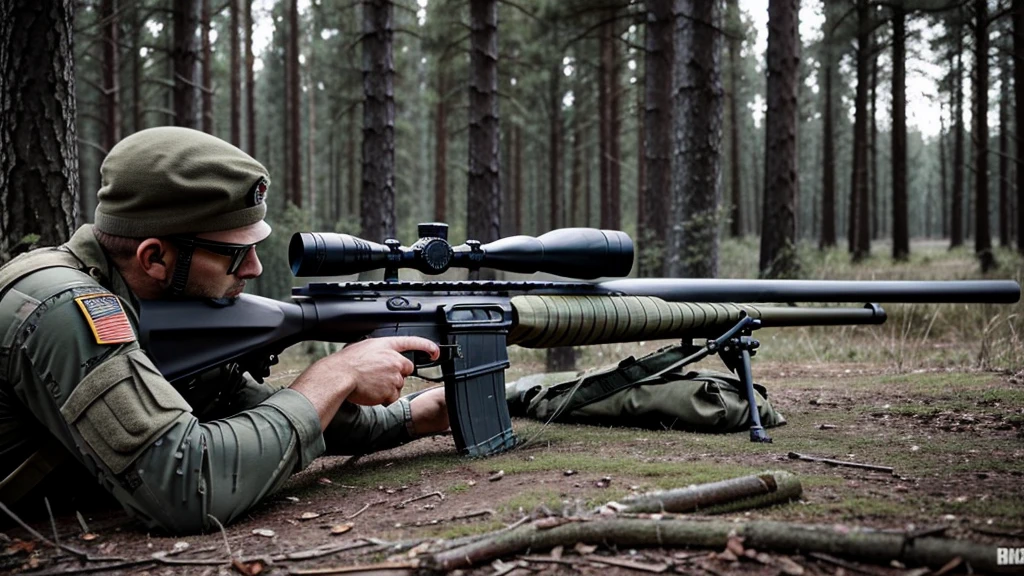 In the woods.One man soldier.Has a sniper rifle.Sniper looking through rifle scope.Prone and firing.scared.There's smoke in the distance.The time is evening.Three dead bodies lying around
