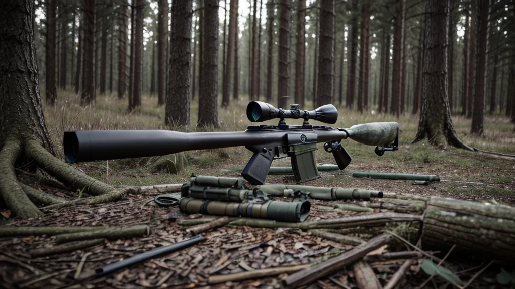 In the woods.One man soldier.Has a sniper rifle.Sniper looking through rifle scope.Prone and firing.scared.There's smoke in the distance.The time is evening.Three dead bodies lying around