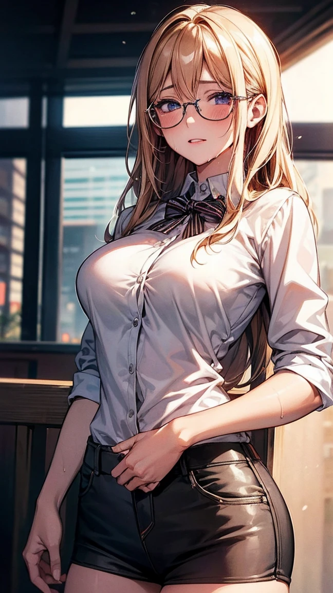 (best quality, Masterpiece), 1 girl, The sun shines, In the building, glasses, shy, 1 woman, young girl, (Goosebumps:0.7), Beautiful face, beautiful breasts, cute, wet, semen, (shyไลเนอร์, lipstick:0.9), 4K, 8K, UHD, HDR, detailed background, background