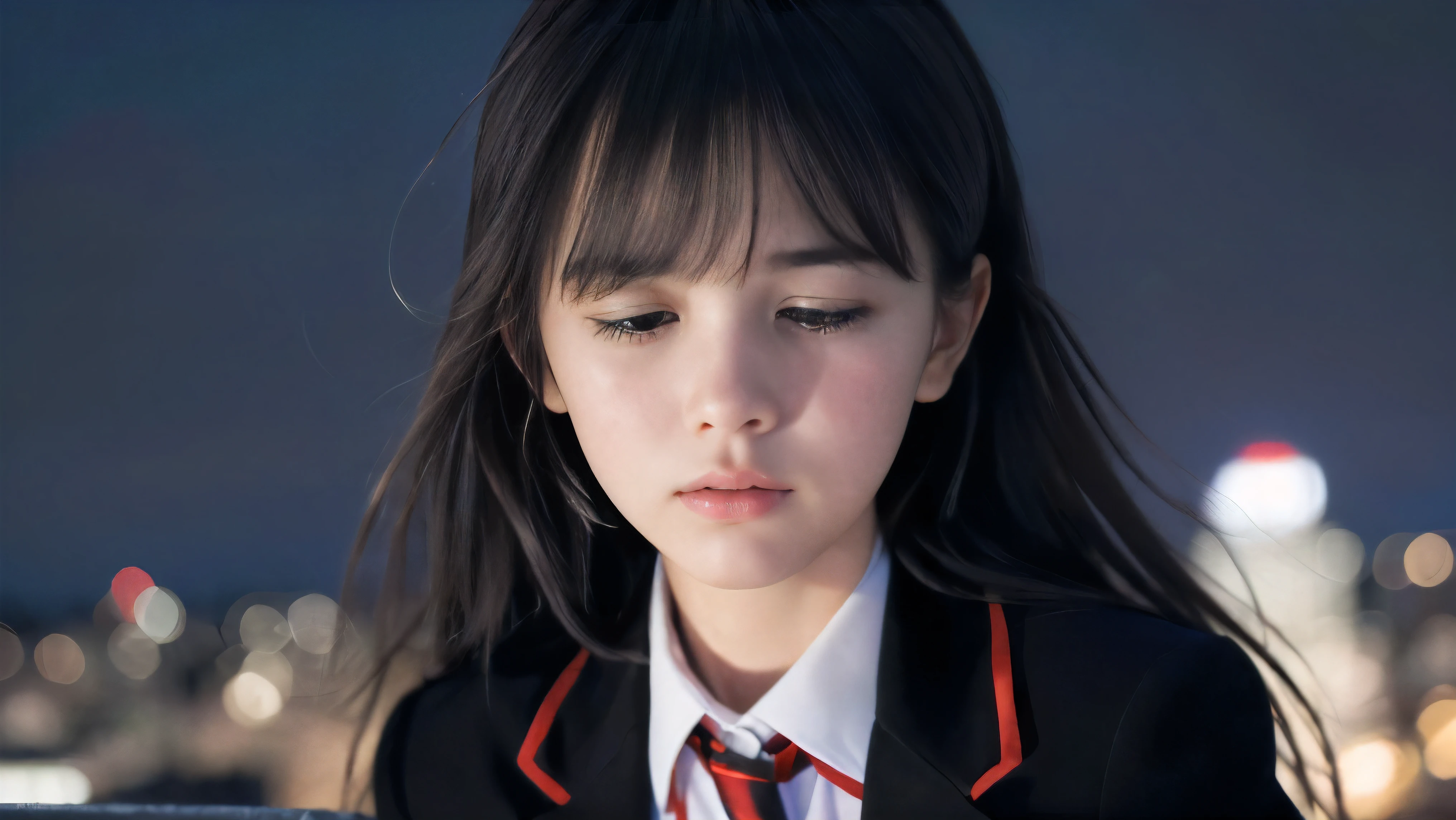 (Close up face shot of one slender small breasts two side up black medium hair bangs girl in long sleeves black school uniform:1.5)、(One girl is face down and with crying face from the rooftop of the building and her hair is blowing by the winds at midnight:1.5)、(Many car head lights are visible at skyscraper city landscape in midnight:1.5)、(8k ultra detailed master piece:1.5)、(perfect anatomy:1.5)、(Photorealistic stick:1.5)、(Raw photo:1.3)、(highest quality:1.5)、(High resolution:1.3)、(Delicate and beautiful perfect face:1.3)、(Delicate and beautiful eye air skin:1.3)、(Real Human Skin:1.3)、((thin legs))