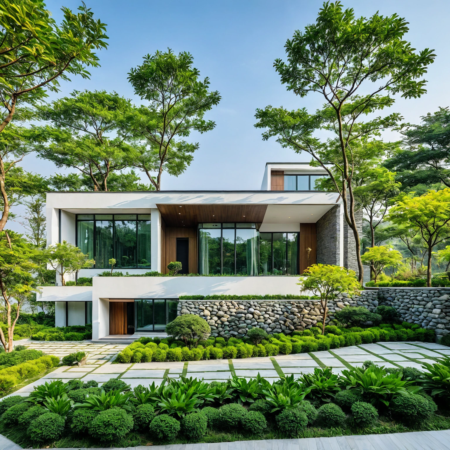qlcd,tingyuan, photo of modern villa, grassland, garden, shrubs and trees, rock decoration, clear sky, sun light, realistic photo