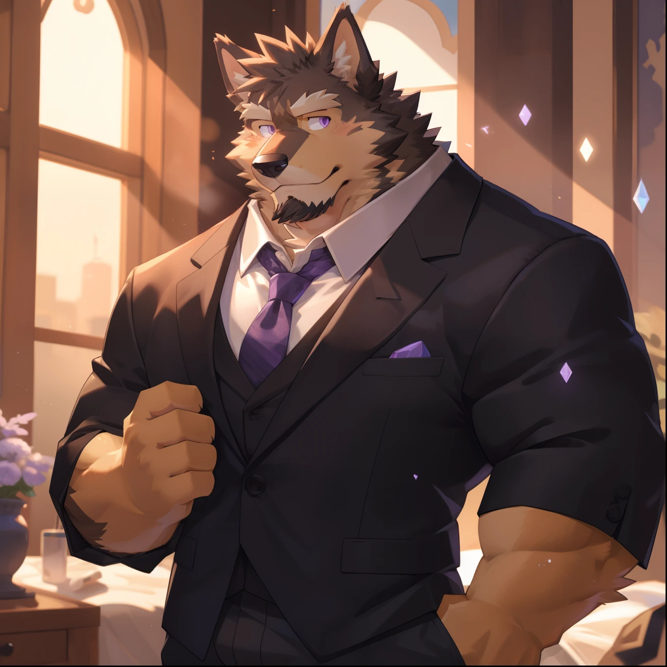 Scribble German Shepherd face,Cute face,Humanity(dog),(Formal wear:1.3),muscular,(White eyebrows:1.1),(Perfect purple eyes),(artist:Takemoto Arashi),(Bulging buttocks),Bedroom scene,crystal necklace