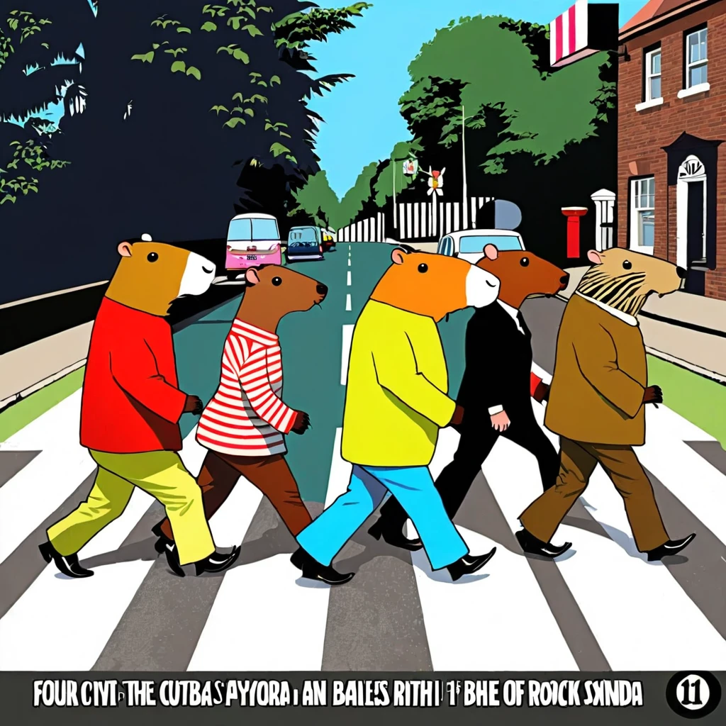 Four cute capybara, Beatles impersonation, same hairstyles and outfits, walking right on Abbey Road zebra crossing, Abbey Road is the 11th album of the British rock band The Beatles.