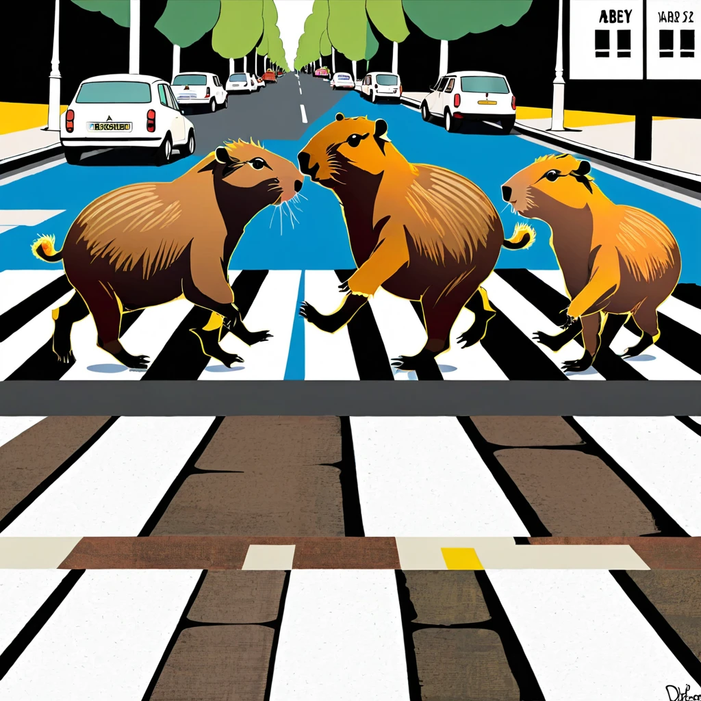 Four cute capybara, Beatles impersonation, same hairstyles and outfits, walking right on Abbey Road zebra crossing, Abbey Road is the 11th album of the British rock band The Beatles. 