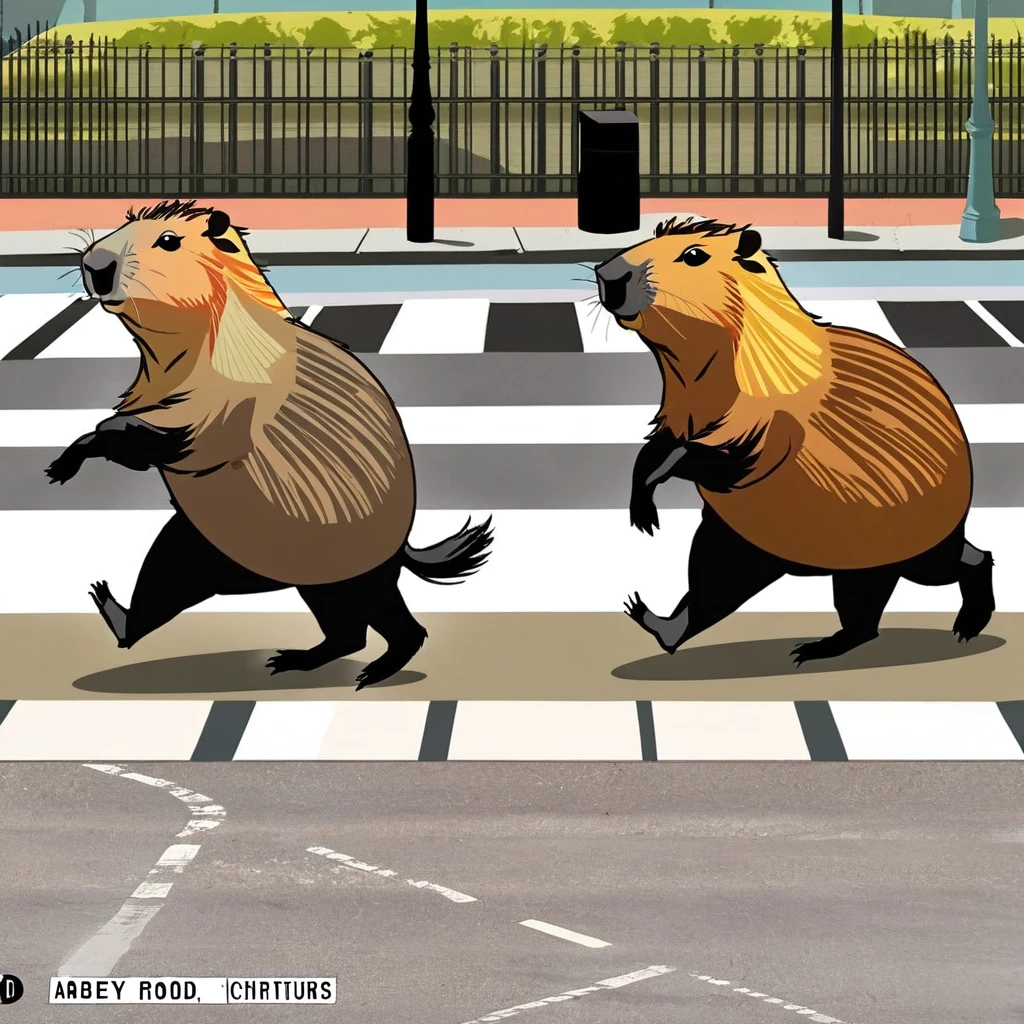 Four cute capybara, Beatles impersonation, same hairstyles and outfits, walking right on Abbey Road zebra crossing, Abbey Road is the 11th album of the British rock band The Beatles.