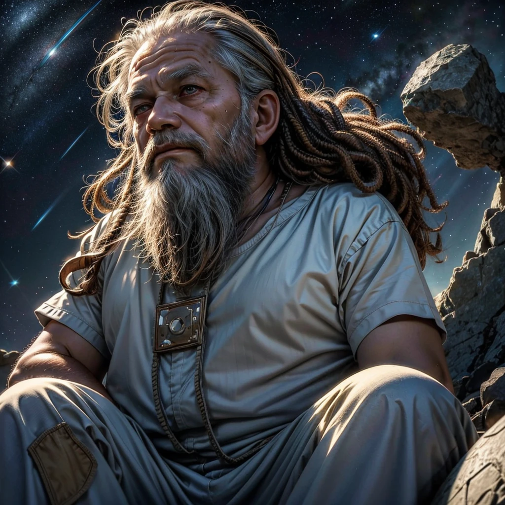Front View, Close-up, A wise old man, long beard, sitting in a meditation position, looking directly at camera, cosmic scenery exhausting divine energy across the universe