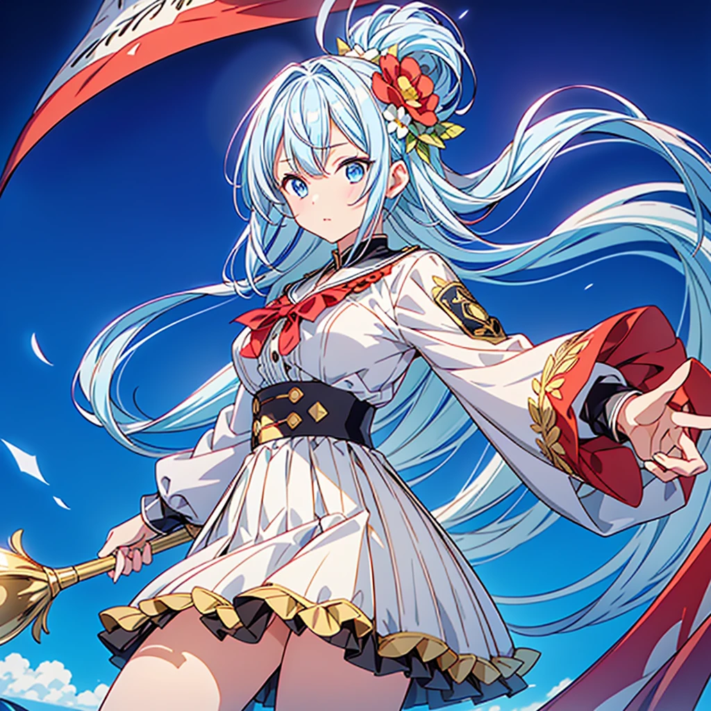 One girl、Absurd、The notes are arranged in a circle、Dynamic configuration、marching band、(((masterpiece、Highest quality、Official Art、Very detailed、Handsome face、Dynamic configuration)))、Anime Style、(Milky white and blue hair:1.3),(blue eyes:1.4),(Bright colors:1.4), marching bandのユニフォーム, marching bandの帽子、mini skirt, Frills, Two hands holding a black and white gold embroidered flag,(background:Large red flag and gold flower embroidery on the back, Note, )、Giant Flag、旗をbackgroundにかっこいい構図、marching band、marching bandユニフォーム、