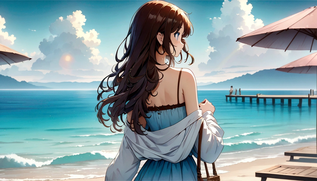 Long haired anime girl walking on the beach with an umbrella, Smooth anime CG art, Digital anime illustration, Anime Style 4 k, Anime Style. 8K, Trending on cgstation, Cute girl anime visuals, high quality Anime art style, Digital anime art, detailed Digital anime art, Anime art style, Anime Wallpaper, Cute art style, 美しいAnime art style,The scene is set in a dreamy, soft blue ambiance with bokeh lights, giving a sense of tranquility and immersion in the music. The character has soft, flowing hair and is depicted in a gentle, serene posture, enhancing the peaceful atmosphere of the image.