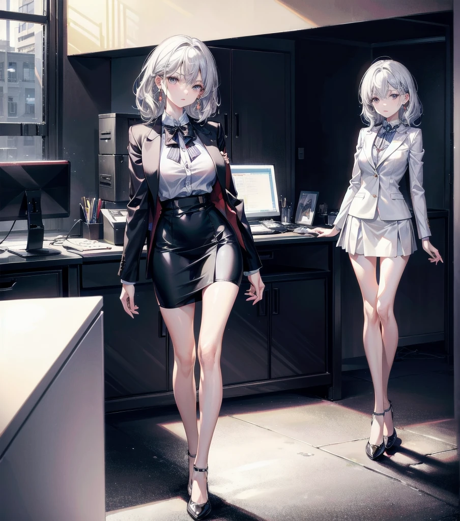 absurdres, RAW photo, extremely delicate and beautiful, masterpiece, Best Quality, ultra high resolution, 32k, hyperrealistic, ultra-detailed, perfect anatomy, super Detailed skin, perfect figure, Very detailed CG 8k wallpaper, in her 20s, very Slim body, narrow waist, very small head, very small face, delicate facial features, tearful mole, earring, thin legs, huge round breasts, full body shot, shorter middle hair, wavy hair, office lady suit, blouse, blazer, skirt, ((in office)),