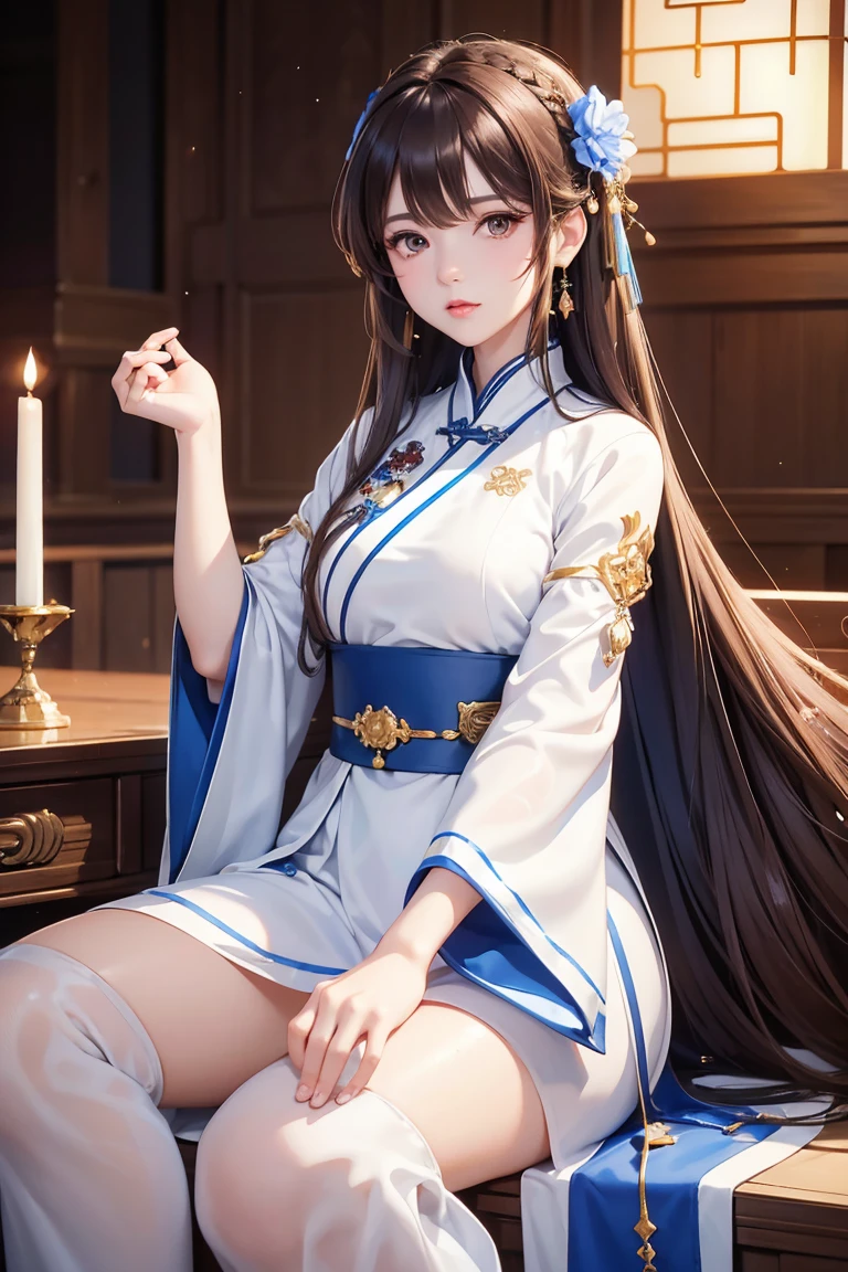 Masterpiece, Best quality, 1 Female, Mature Woman, Elder Sister, young girl, Royal Sister, brown eyes, long hair, smoky mix brown color hair, resolute eyes, white mix blue hanfu, long white eardrop, Chinese mix morden, frontal photo, blank background, remove background, anime, illustration