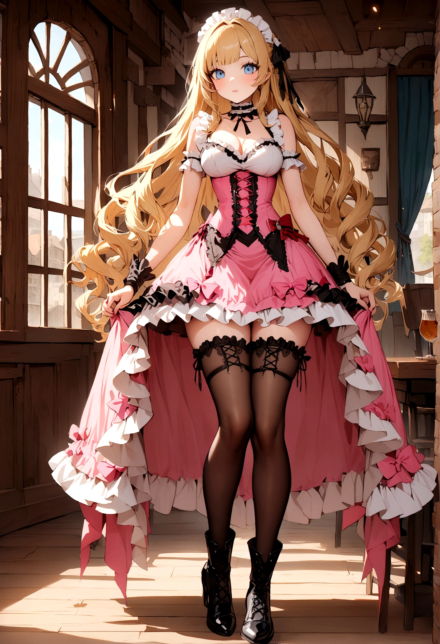Curls,blonde_hair,blue_eyes,long_eyelashes,long_hair,fringe_bangs,side_curls,fullbody,standing,masterpiece,highress,frilly intricate pink saloon girl dress,knee length skirt,white accents, frilly lace choker,pink corset,lace up heeled boots,stockings,saloon,short at the front center of the skirt,frilly sleeveles saloon girl dress with sweatheart frilled neckline,