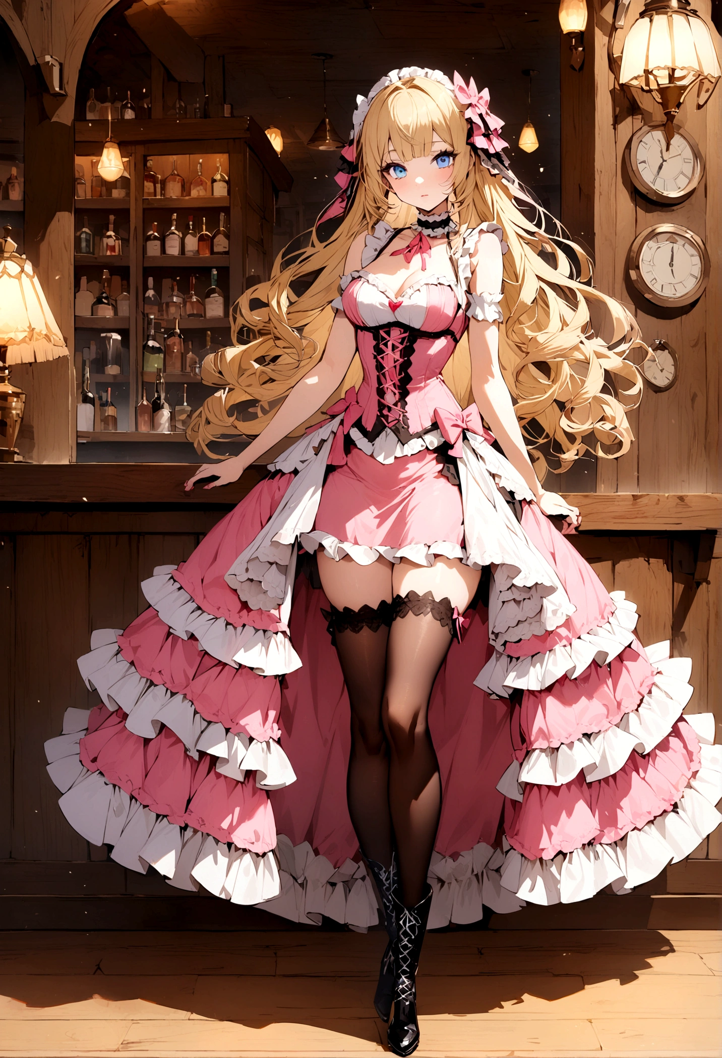 Curls,blonde_hair,blue_eyes,long_eyelashes,long_hair,fringe_bangs,side_curls,fullbody,standing,masterpiece,highress,frilly intricate pink saloon girl dress,knee length skirt,white accents, frilly lace choker,pink corset,lace up heeled boots,stockings,saloon,short at the front center of the skirt,frilly sleeveles saloon girl dress with sweatheart frilled neckline,