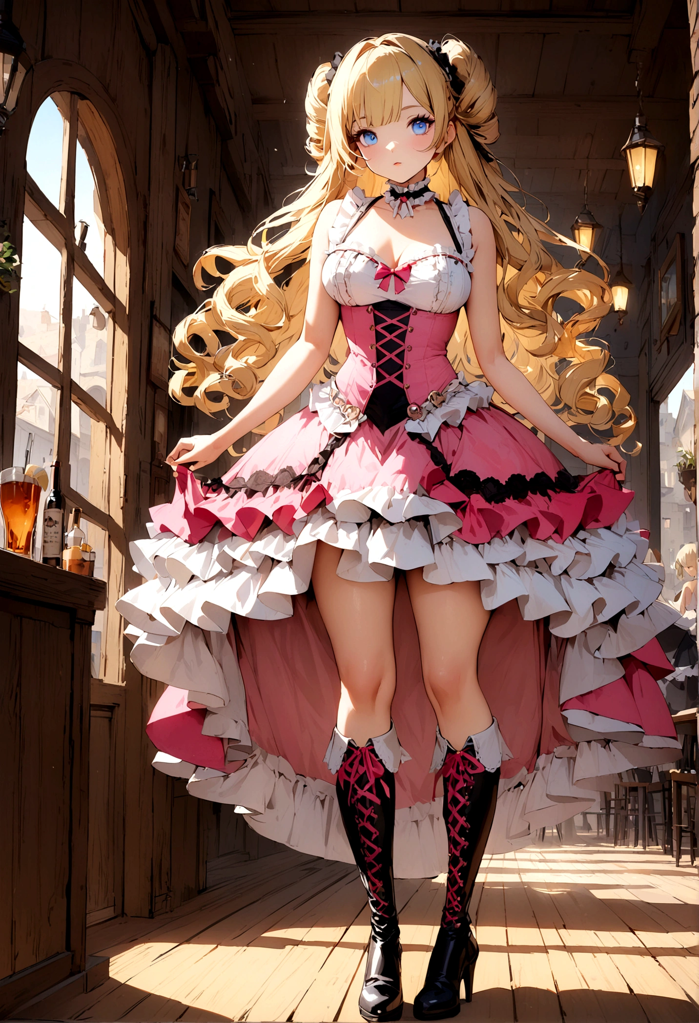 Curls,blonde_hair,blue_eyes,long_eyelashes,long_hair,fringe_bangs,side_curls,fullbody,standing,masterpiece,highress,frilly intricate pink saloon girl dress,knee length skirt,white accents, frilly lace choker,pink corset,lace up heeled boots,stockings,saloon,short at the front center of the skirt,frilly sleeveles saloon girl dress with sweatheart frilled neckline,
