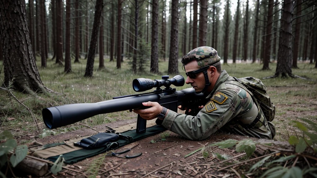 In the woods.A male soldier is holding a sniper rifle.Sniper looking through rifle scope.Prone and firing.scared.There&#39;s smoke in the distance.The time is evening.Three dead bodies lying around.A soldier is lying down with a sniper rifle.