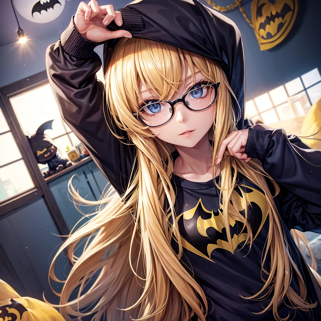 Blonde straight hair, with glasses, batman top, and pajamas roblox