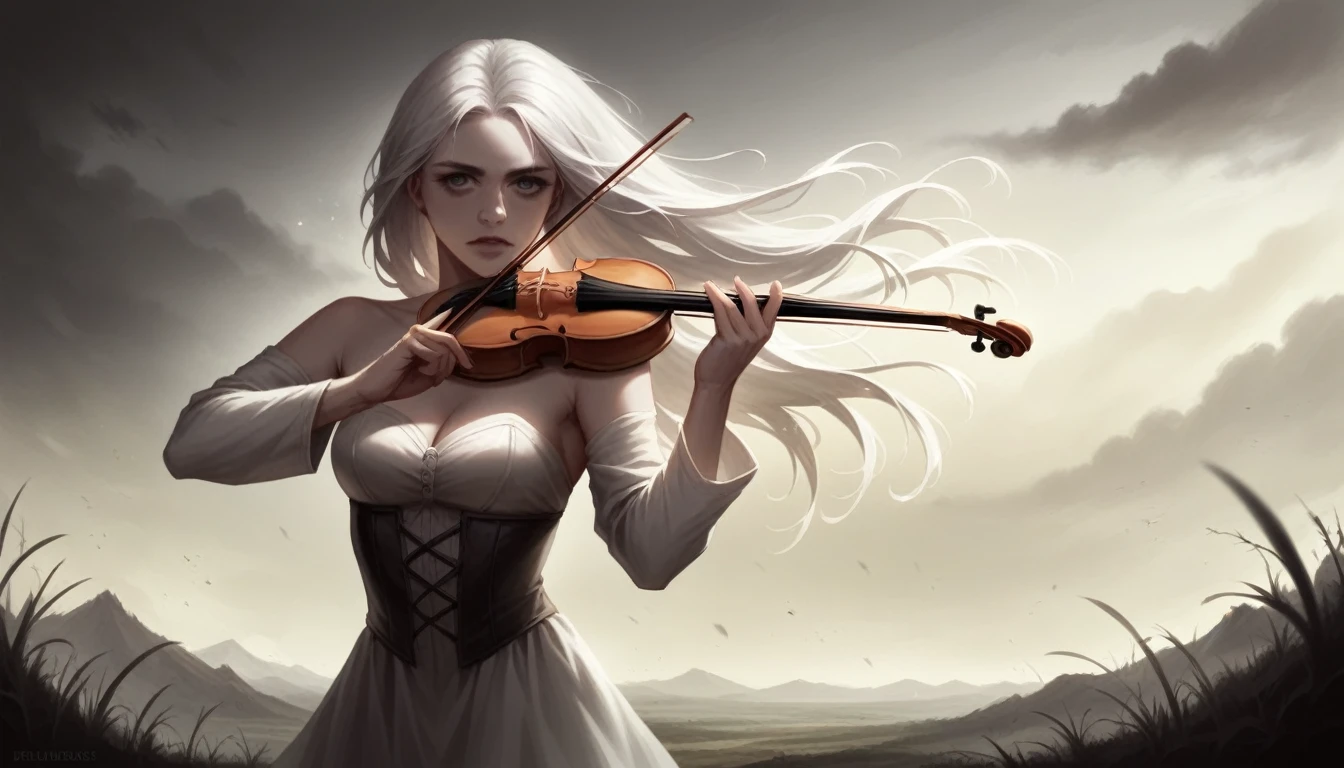 a beautifully detailed girl with long white hair playing a violin,detailed intricate violin,epic battle field scenery,dark cloudy sky,dramatic lighting,highly detailed,photorealistic,dramatic cinematic lighting,muted color palette,moody atmosphere,fantasy landscape,glowing energy effects,volumetric lighting,dramatic cinematic composition