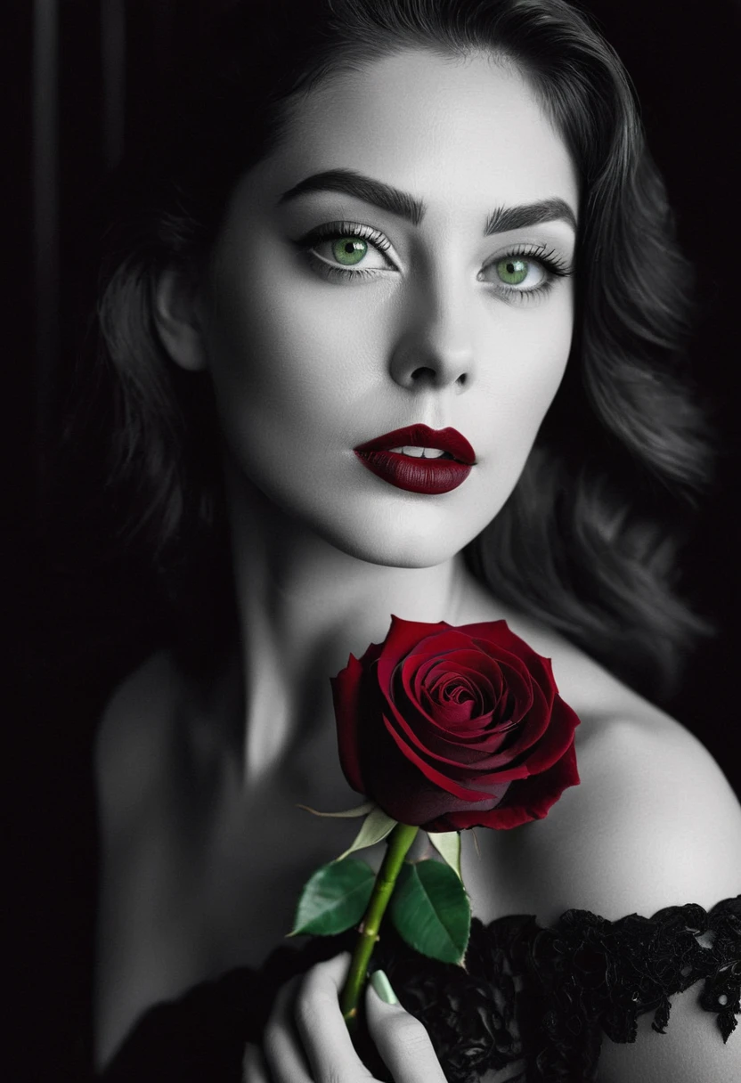 black and white, a woman with green eyes, flawless skin, half body shot, holding a dark red  velvety rose, wearing dark red lipstick, whimsical photography style, captured with an Arriflex 35BL camera using Canon K25 prime lenses, cinematic, dramatic lighting, ultra clear, breathtaking surreal masterpiece.
