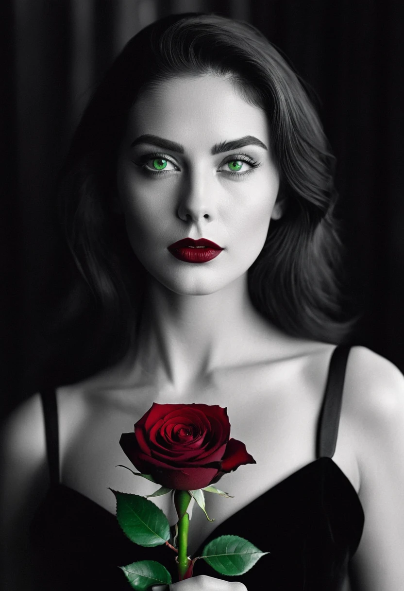 black and white, a woman with green eyes, flawless skin, half body shot, holding a dark red  velvety rose, wearing dark red lipstick, whimsical photography style, captured with an Arriflex 35BL camera using Canon K25 prime lenses, cinematic, dramatic lighting, ultra clear, breathtaking surreal masterpiece.
