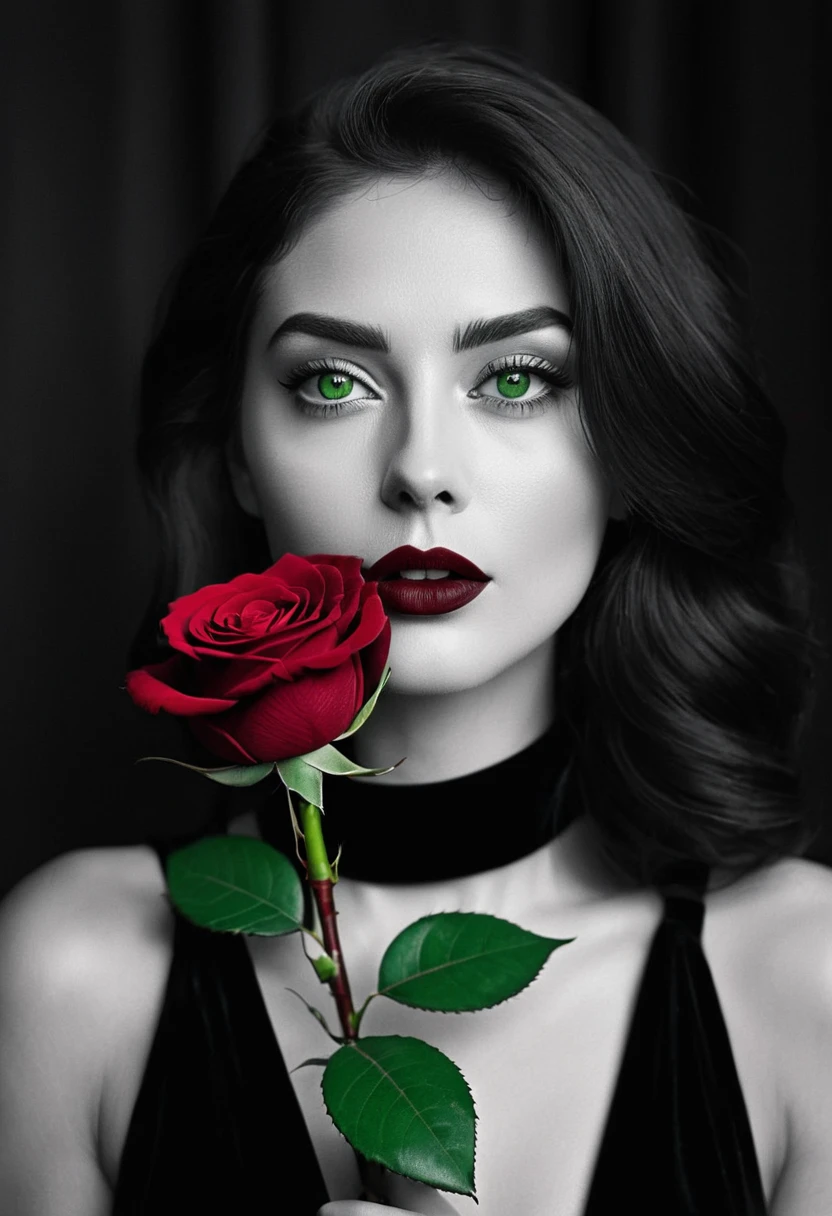 black and white, a woman with green eyes, flawless skin, half body shot, holding a dark red velvety rose, wearing dark red lipstick, whimsical photography style, captured with an Arriflex 35BL camera using Canon K25 prime lenses, cinematic, dramatic lighting, ultra clear, breathtaking surreal masterpiece.