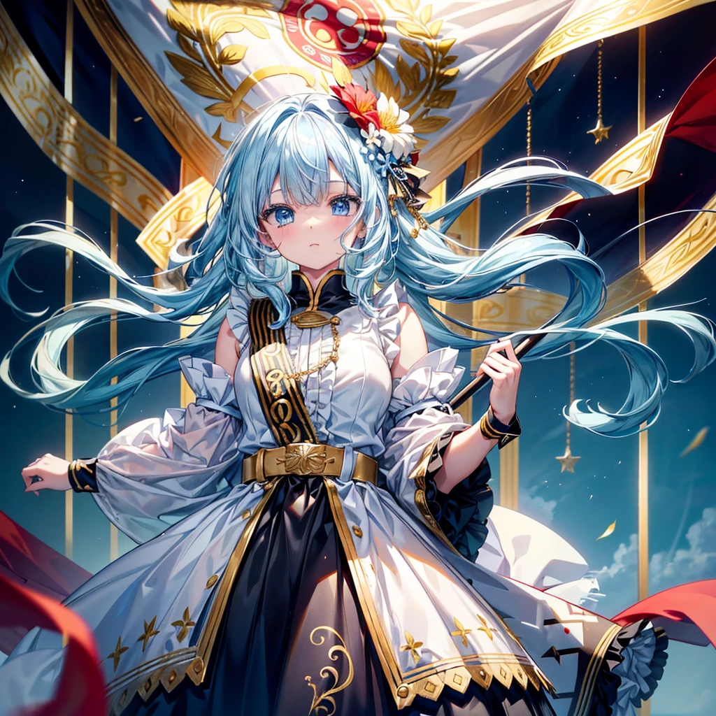 One girl、Absurd、The notes are arranged in a circle、Dynamic configuration、marching band、(((masterpiece、Highest quality、Official Art、Very detailed、Handsome face、Dynamic configuration)))、Anime Style、(Milky white and blue hair:1.3),(blue eyes:1.4),(Bright colors:1.4), marching bandのユニフォーム, marching bandの帽子、mini skirt, Frills, Two hands holding a black and white gold embroidered flag,(background:Large red flag and gold flower embroidery on the back, Note, )、Giant Flag、旗をbackgroundにかっこいい構図、marching band、marching bandユニフォーム、