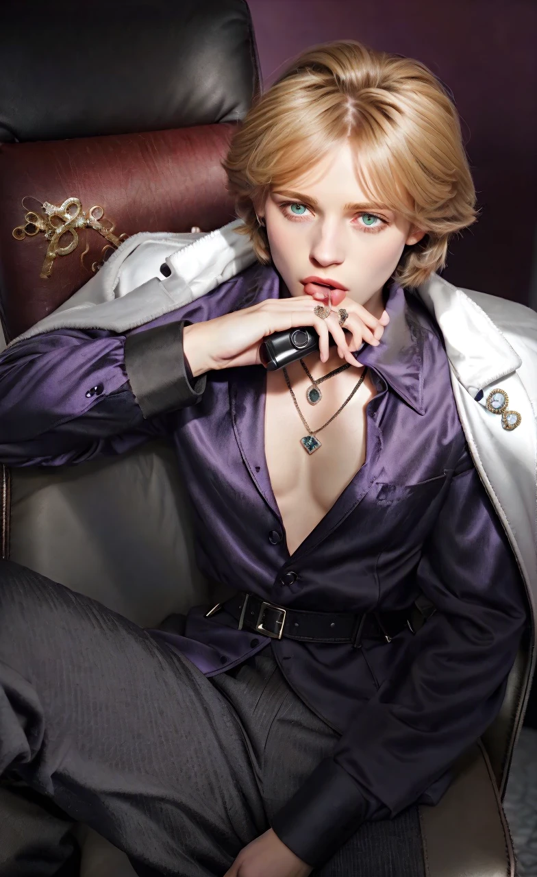 There’s a gun in your mouth,
1BOY, armchair, bangs, belt, black belt, black footwear, brown hair, chair, coat, coat on shoulders, collared shirt, curtained hair, dress shirt, finger on trigger, gem, glint, grey pants, gun, hand up, handgun, holding, holding gun, holding weapon, jacket, jacket on shoulders, jewelry, long sleeves, looking at viewer, male focus, medium hair, multiple rings, necklace, open clothes, open mouth, pants, parted bangs, pectorals, purple shirt, red eyes, red gemstone, ring, shirt, signature, sitting, solo, tongue, weapon, white coat, white jacket,red eyes
