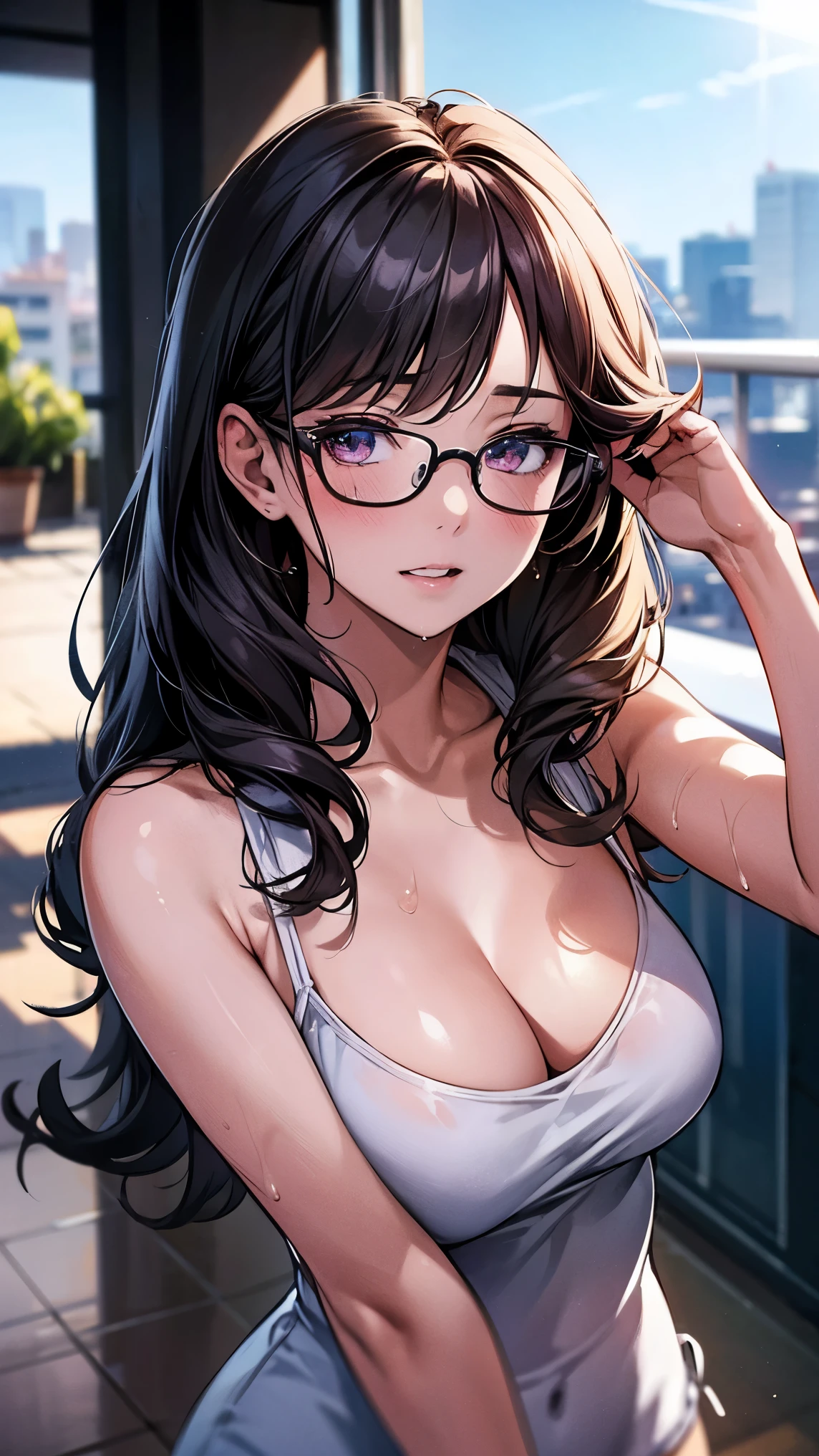 (best quality, Masterpiece), 1 girl, The sun shines, In the building, glasses, shy, 1 woman, young girl, (Goosebumps:0.7), Beautiful face, beautiful breasts, cute, wet, semen, (shyไลเนอร์, lipstick:0.9), 4K, 8K, UHD, HDR, detailed background, background