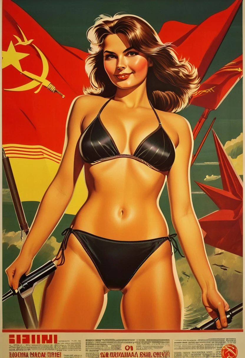 Soviet girl on propaganda poster. Showing cutting-edge 1990-s bikini. Brown hair. Firm tits and ass.