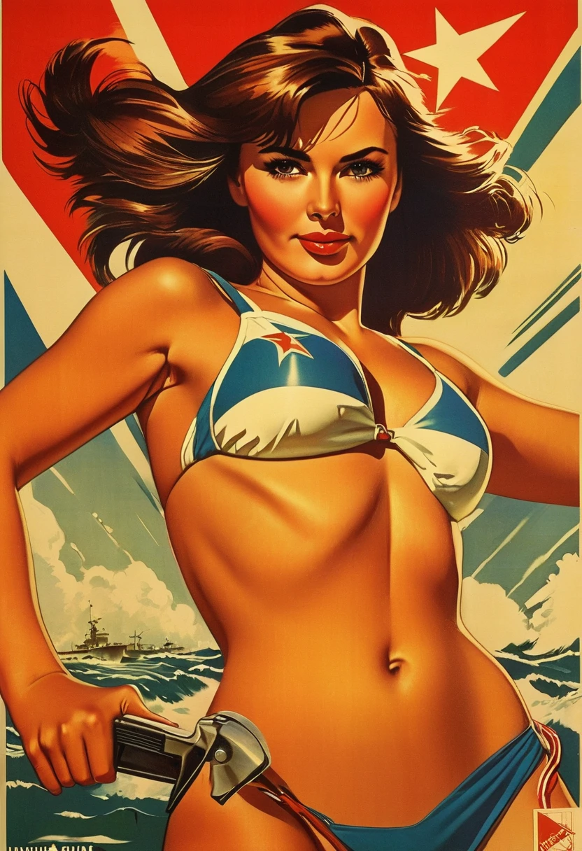 Soviet girl on propaganda poster. Showing cutting-edge 1990-s bikini. Brown hair. Firm tits and ass.