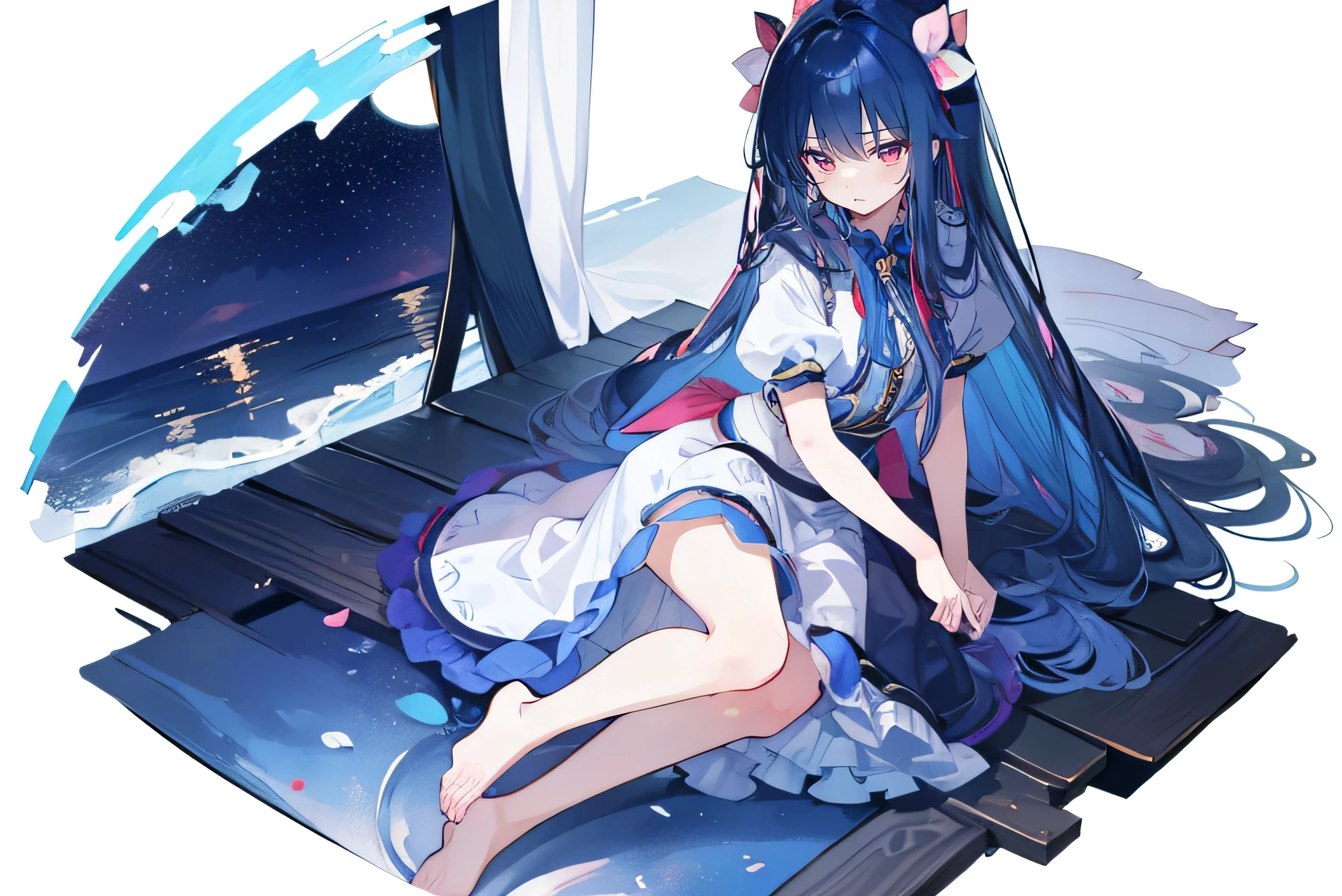(masterpiece:1.uper detailed,lifelike,Expressive eyes,fair skin,perfect face shape,1 girl,
Japanese comics,Gorgeous blue hair,flowing blue hair,flowing clothes,Petals fall,beautiful lola,Baby Angel,
Shaking head with one hand,Cross your legs,Gentle and peaceful background,The pavilion is cool and comfortable,smile, wearing hoodie, background of tokyo,back views,snowing, winter,lie on the water. dark blue gradient hair,asymmetrical hair,((Hair is very thick 1.8,Chiseled hair 1.6)), Hair over the shoulders, Messy hair, Very long hair, shiny hair,(long dark blue hair:1.2),A beautiful girl,(Transparent clothes transparent 1.8),Perfect body,Big thin legs,slender,(Looks very sad,Looks haggard ,sadness,shut your mouth:1.2) Against the backdrop of an unusually bright dark starry sky,(Put your hands behind your back),(round,Room, Strong brearefoot,float,water surface,(long legs,long legs,long legs,Complete)