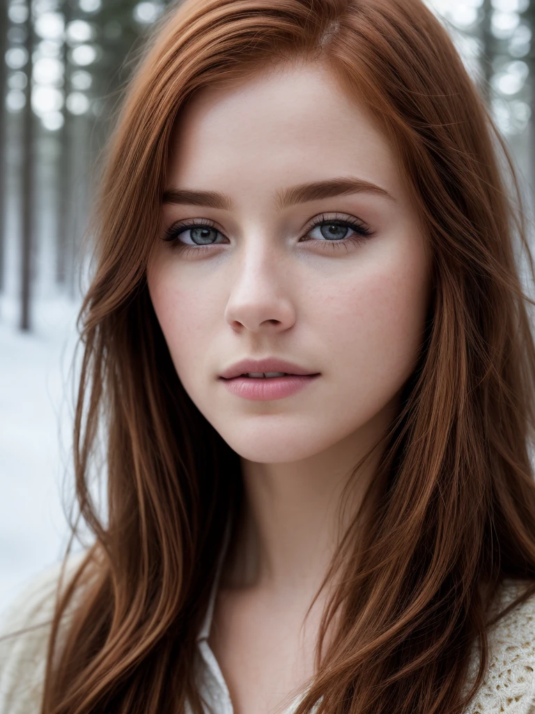 close up of a european woman, ginger hair, winter forest, natural skin texture, 24mm, 4k textures, soft cinematic light, RAW photo, photorealism, photorealistic, intricate, elegant, highly detailed, sharp focus, ((((cinematic look)))), soothing tones, insane details, intricate details, hyperdetailed, low contrast, soft cinematic light, dim colors, exposure blend, hdr, faded