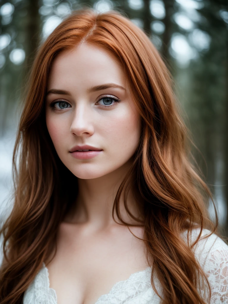 close up of a european woman, ginger hair, winter forest, natural skin texture, 24mm, 4k textures, soft cinematic light, RAW photo, photorealism, photorealistic, intricate, elegant, highly detailed, sharp focus, ((((cinematic look)))), soothing tones, insane details, intricate details, hyperdetailed, low contrast, soft cinematic light, dim colors, exposure blend, hdr, faded