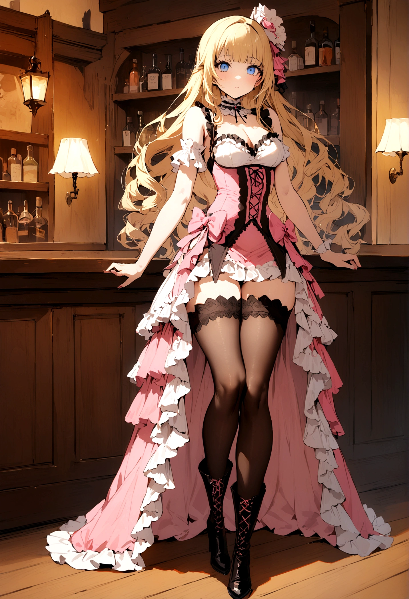 Curls,blonde_hair,blue_eyes,long_eyelashes,long_hair,fringe_bangs,side_curls,fullbody,standing,masterpiece,highress,frilly intricate pink saloon girl dress,knee length skirt,white accents, frilly lace choker,pink corset,lace up heeled boots,stockings,saloon,short at the front center of the skirt,frilly sleeveles saloon girl dress with sweatheart frilled neckline,kneelength dress,