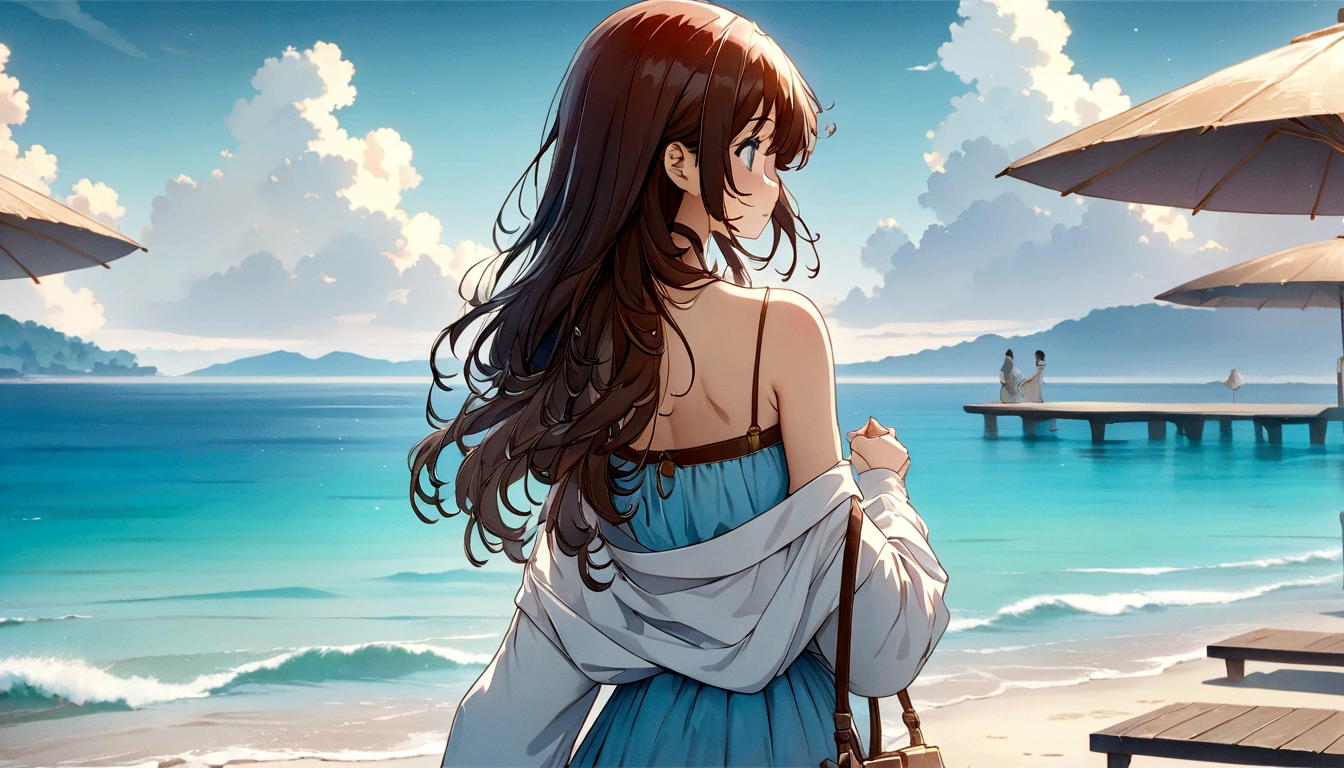 Long haired anime girl walking on the beach with an umbrella, Smooth anime CG art, Digital anime illustration, Anime Style 4 k, Anime Style. 8K, Trending on cgstation, Cute girl anime visuals, high quality Anime art style, Digital anime art, detailed Digital anime art, Anime art style, Anime Wallpaper, Cute art style, 美しいAnime art style,The scene is set in a dreamy, soft blue ambiance with bokeh lights, giving a sense of tranquility and immersion in the music. The character has soft, flowing hair and is depicted in a gentle, serene posture, enhancing the peaceful atmosphere of the image.