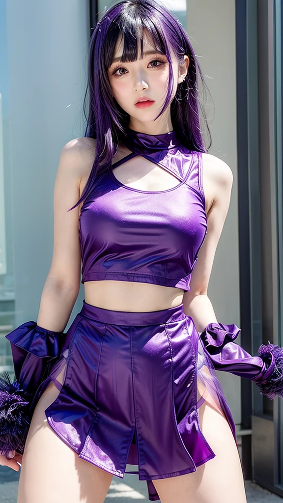 See-through open-necked cheerleader outfit、Transparent 、Sheer skirt、Purple Hair