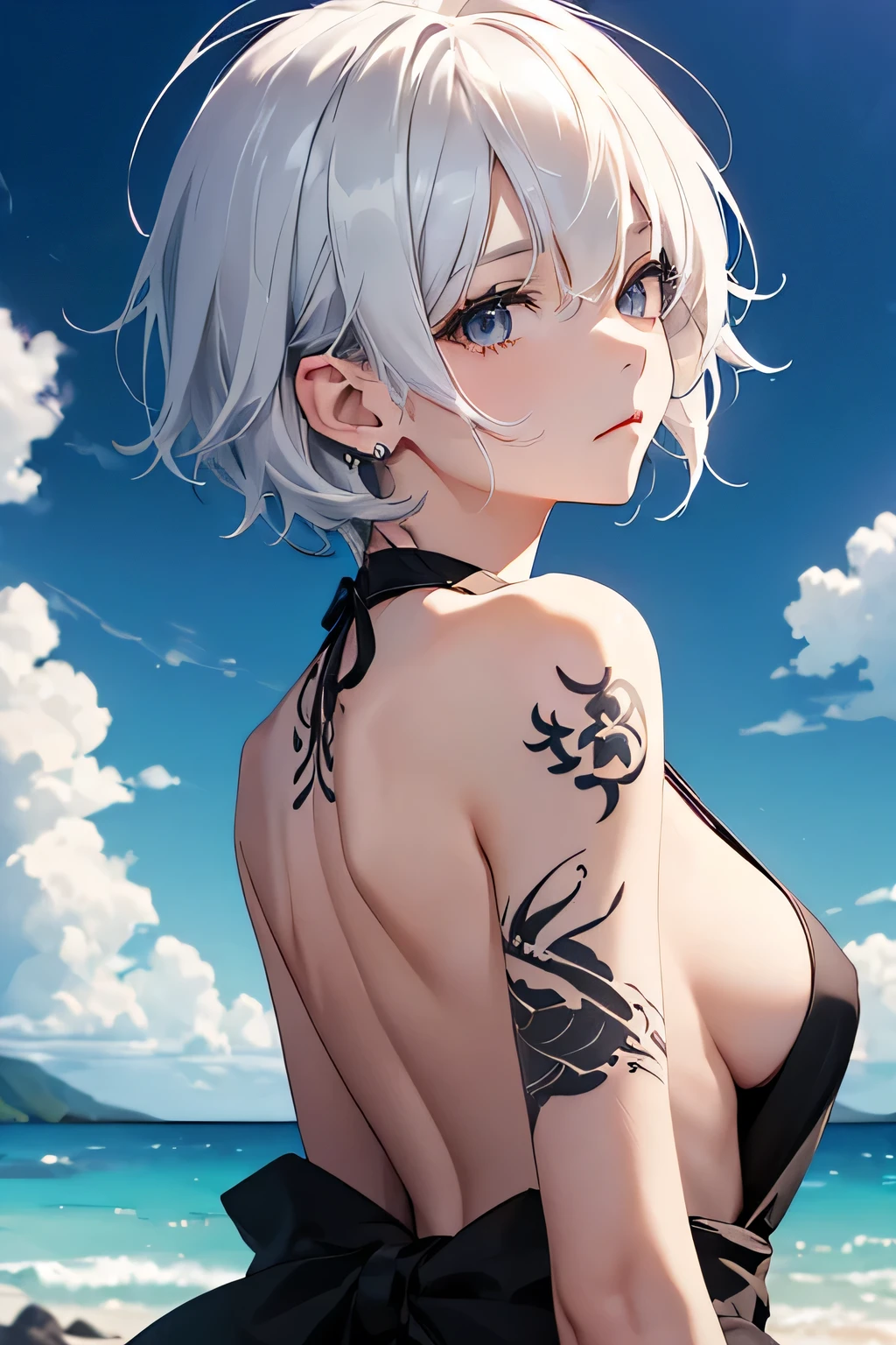 (Image from chest up:1.4)((masterpiece:1.5,Highest quality,Beautiful images、Sketch、2.5D、Ink Painting、Abstract、Artistic、Portraiture))(1girl, solo)(medium breasts, white hair、short hair、sideboob、Exposing shoulders、Tattoo on shoulder)(Profile Portrait,Gaze sideways、Gaze diagonally、Shake your head、A sad expression, floating hair)(Monotone Abstract Background)((from backside:1.3)),Landscape
